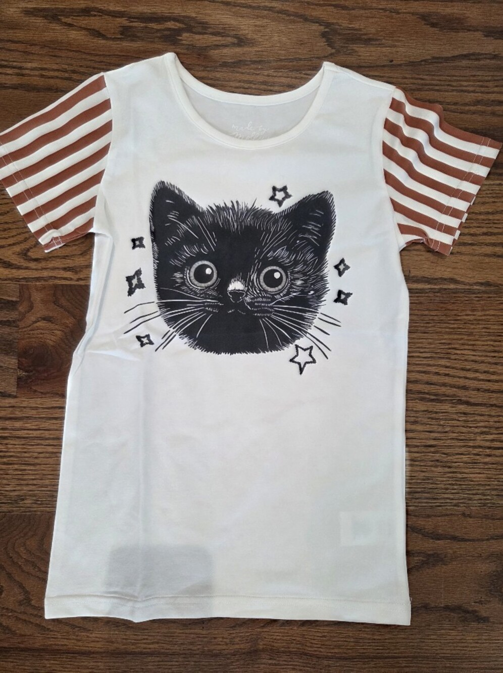 Made By Molly White Cat Graphic Pet Shirt with Brown Striped Sleeves